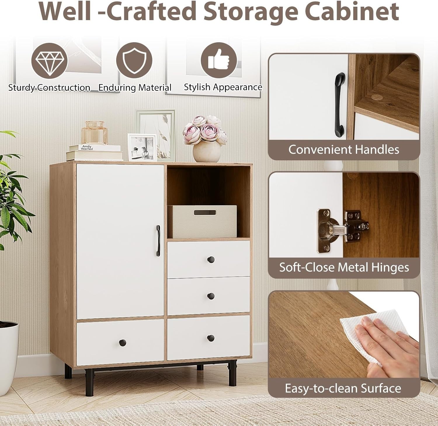 Modern 4 Drawer Sideboard Cabinet White & Natural with Open Shelf & Anti-Tip