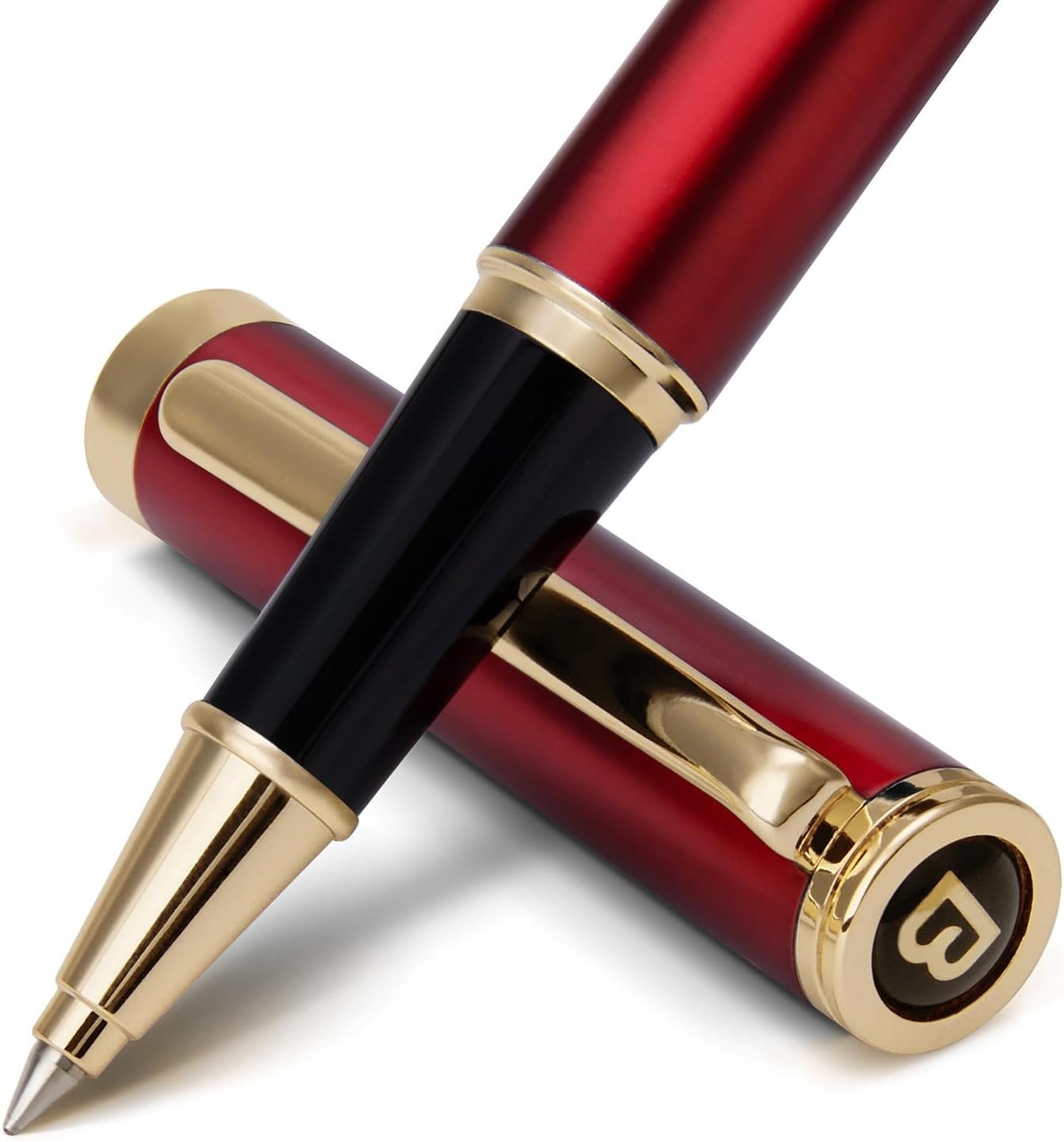 Luxury Rollerball Pen Red 24K Gold Trim Refillable Metal Leather Model