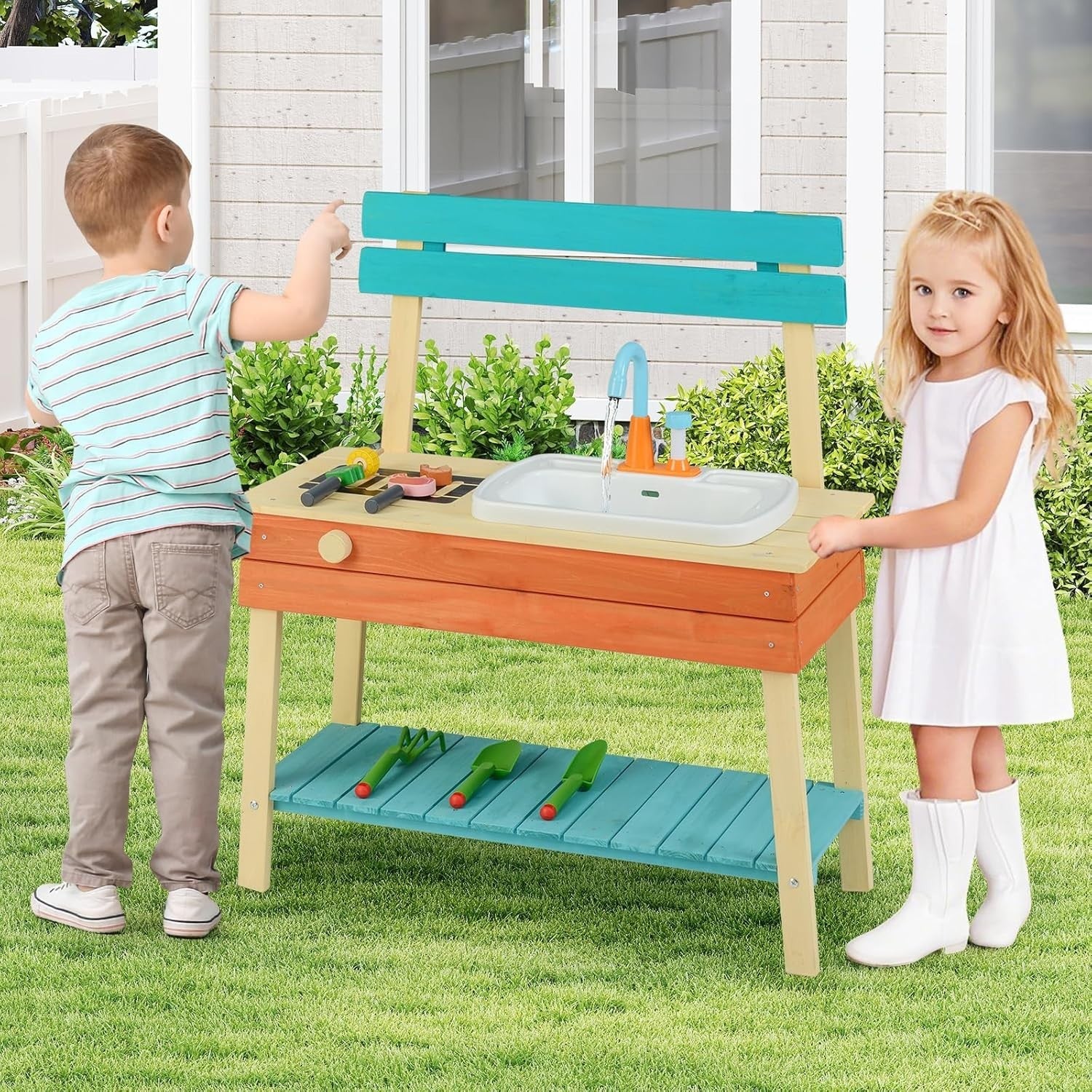 Outdoor Mud Kitchen Kids Wooden Playset w/ Sink Grill Gardening