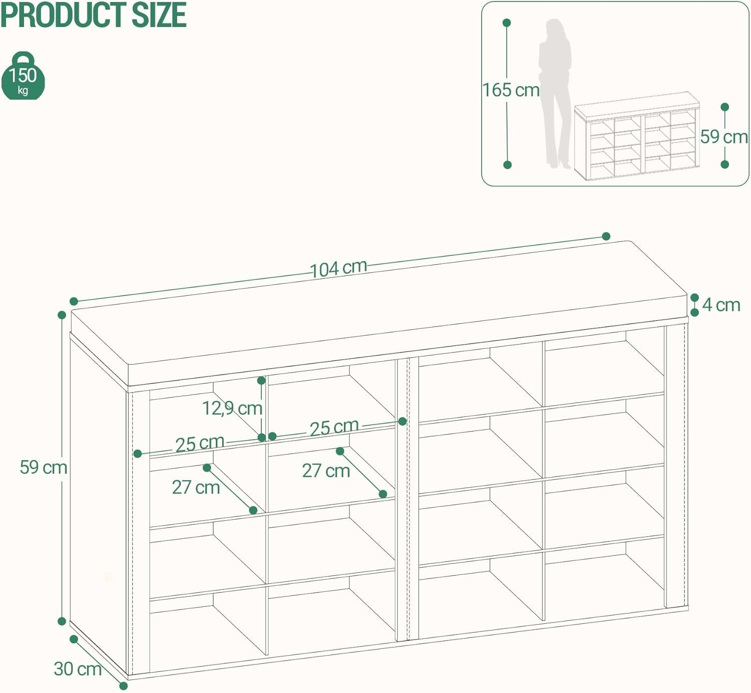 White & Grey Shoe Storage Bench with Cushion & 16 Adjustable Compartments