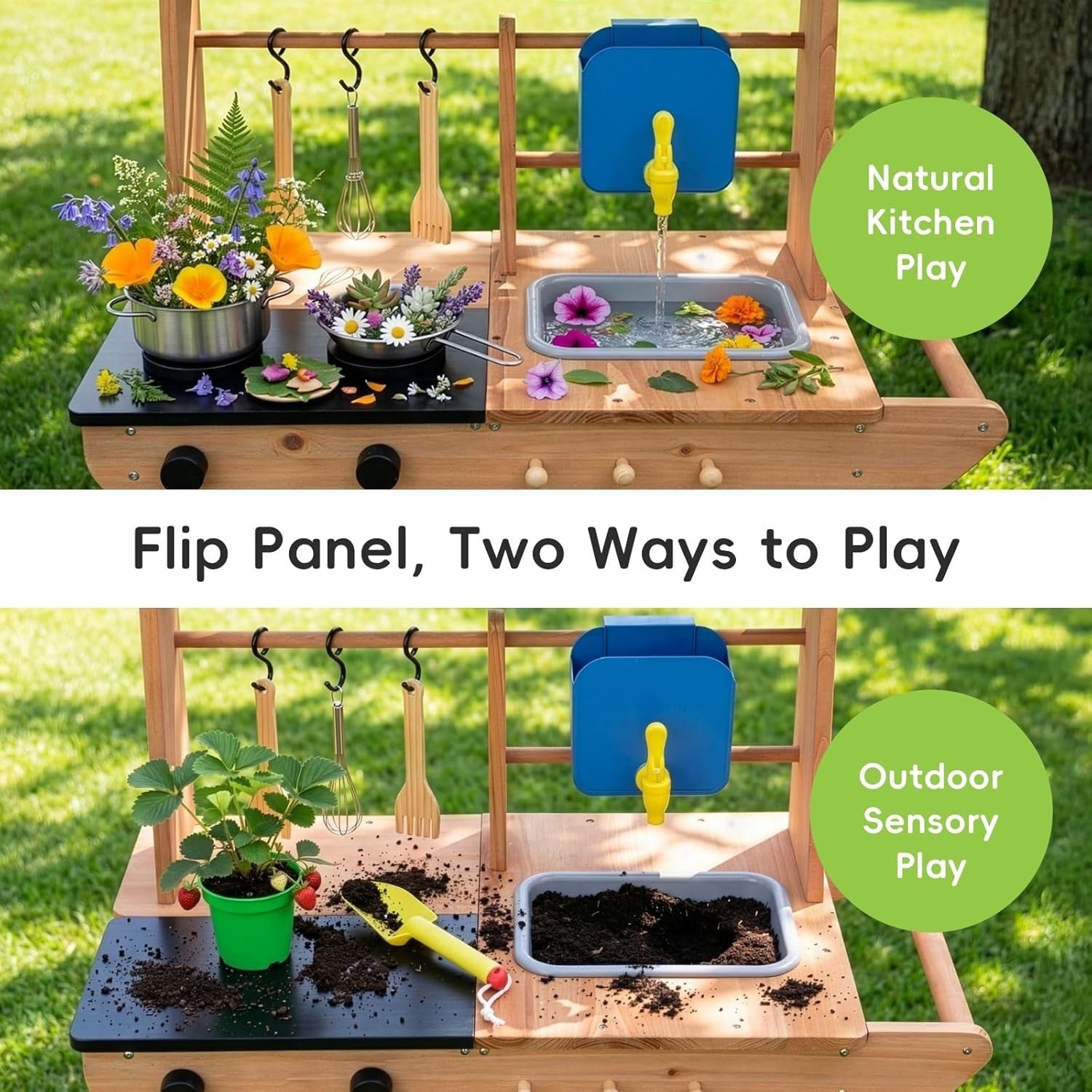 Wooden Mud Kitchen for Kids Outdoor Playset w/ Wheels Sink Stove