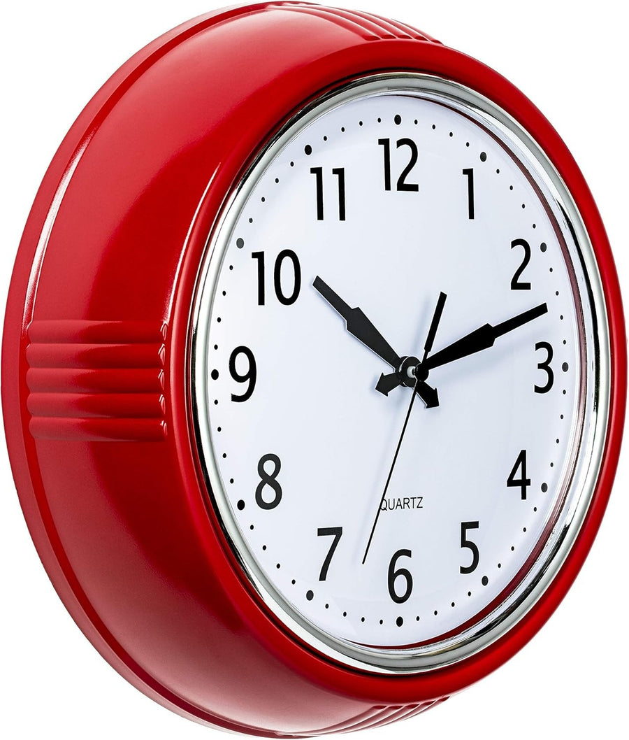 Retro Red Wall Clock 9.5" Vintage Kitchen Silent Quartz Easy-Read Round Decor