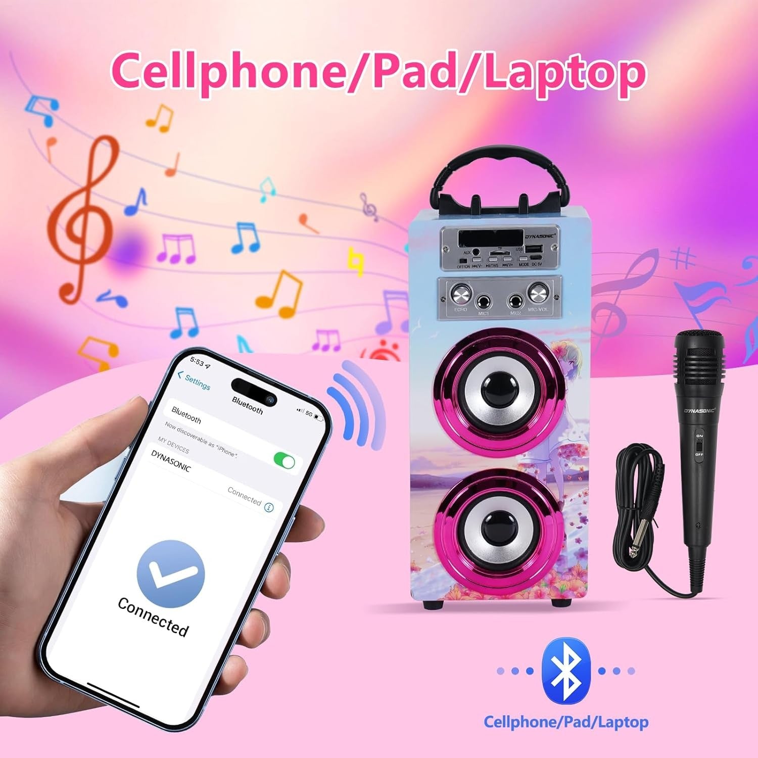 Portable Karaoke Machine Bluetooth 2 Wireless Mics LED