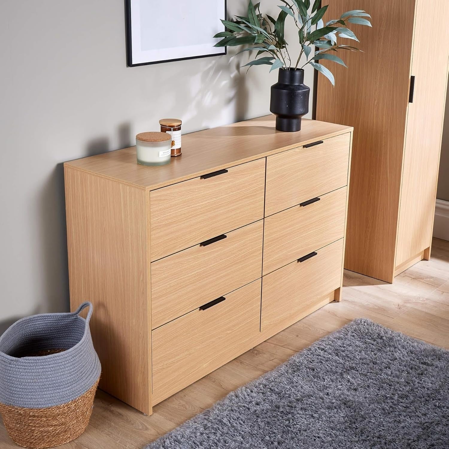 Oak 6 Drawer Chest of Drawers Storage Cabinet Wide Modern Bedroom Unit