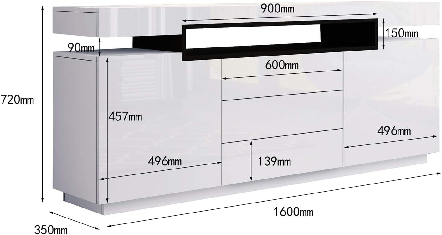 White High Gloss Sideboard Cabinet TV Stand with LED Light 2 Doors 3 Drawers