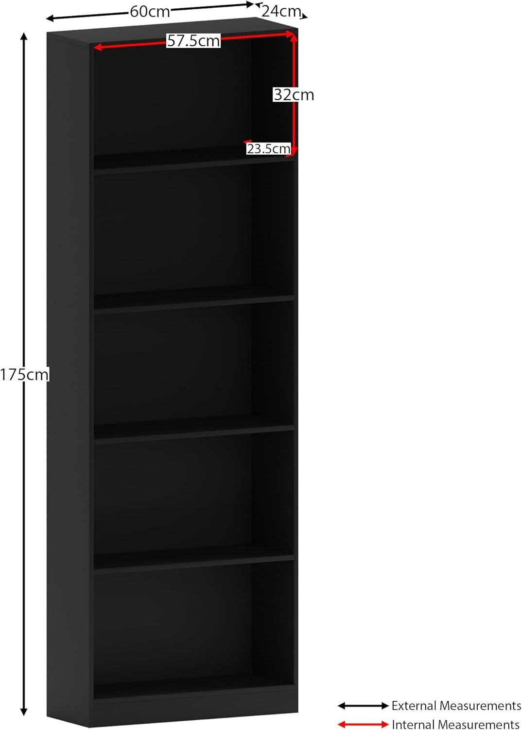 5 Tier Black Wooden Bookcase Modern Storage Display Shelf for Living Room