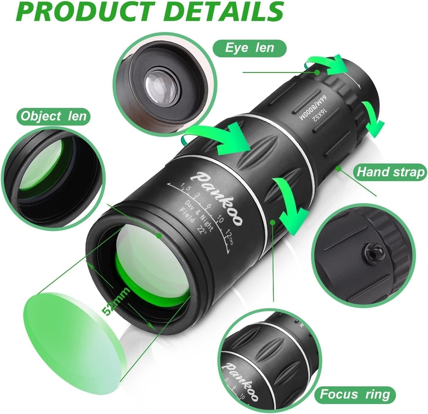16x52 HD Monocular Telescope Black Compact Outdoor Hiking Bird Watching