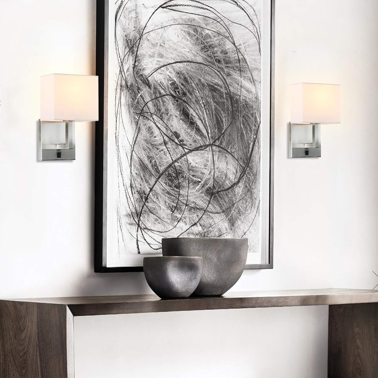 Modern Wall Lights with Switch Linen Shade LED Ready, Warm Glow, E27 Pair