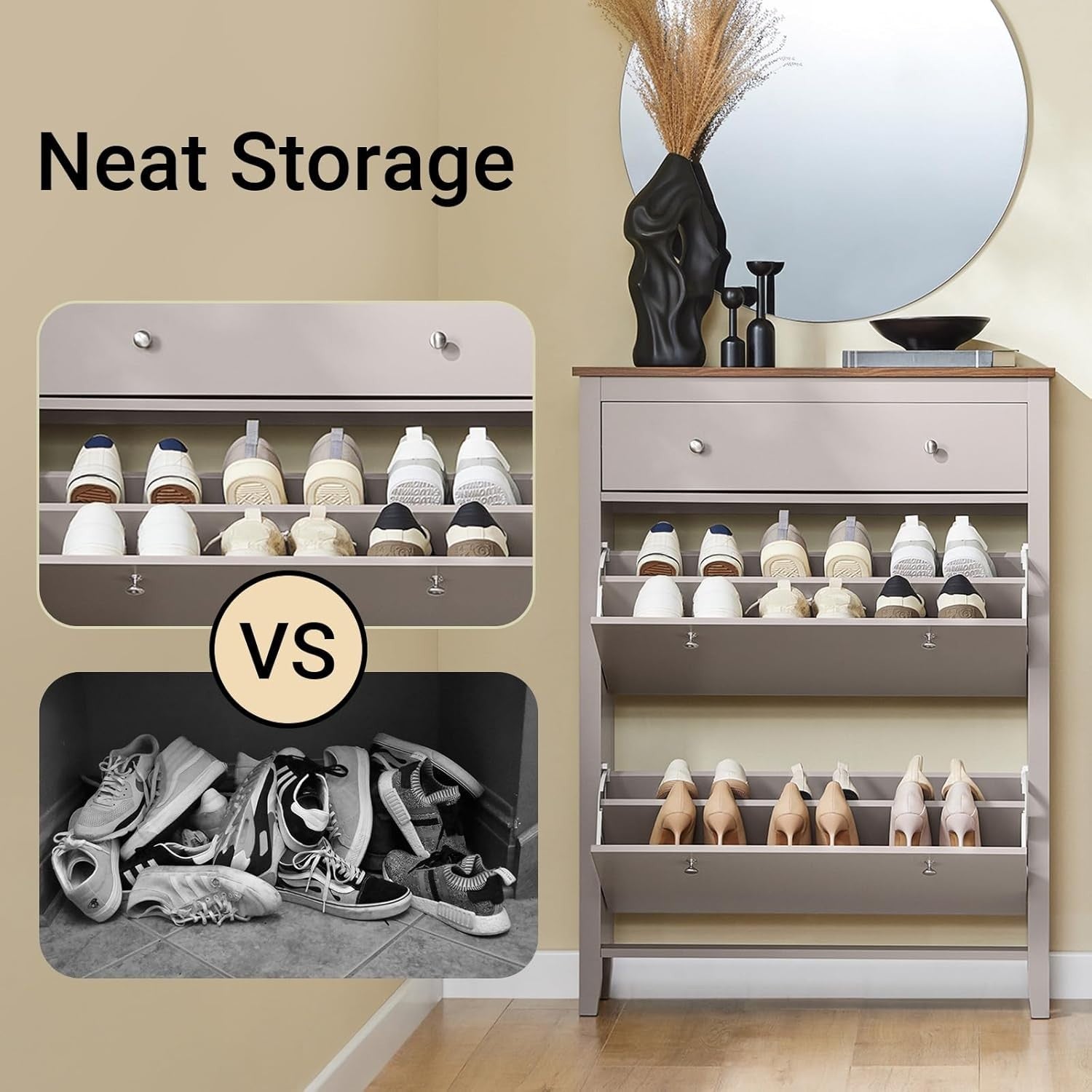 Slim Wooden Shoe Storage Cabinet with Drawer & Flip Drawers, 12-Pair Capacity