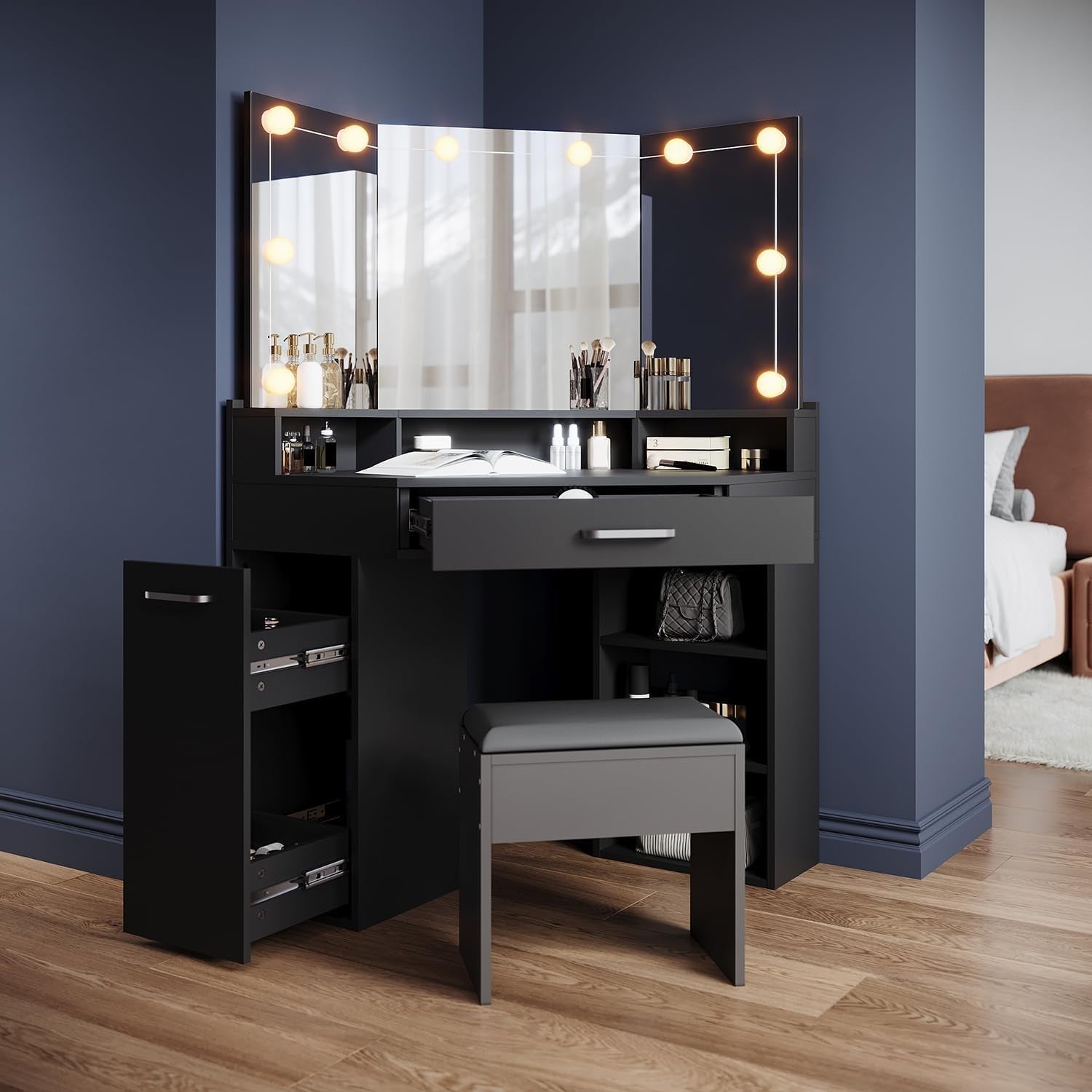 Corner Vanity Makeup Dressing Table with LED Lights Mirror Drawer Stool Black