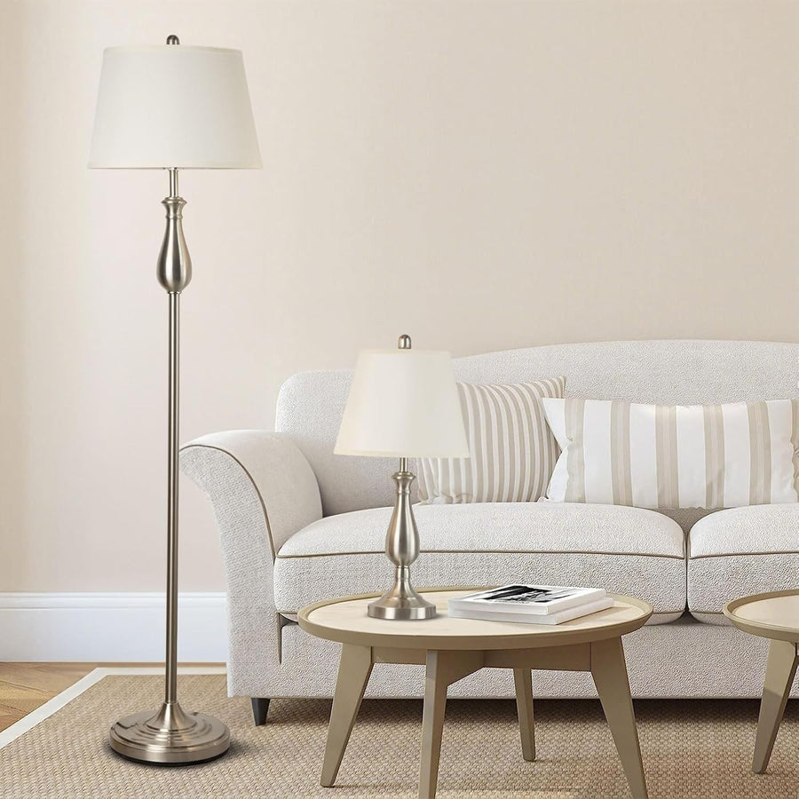 3-Piece Floor & Table Lamp Set with Soft Linen Shades, Silver, 51x25x51cm