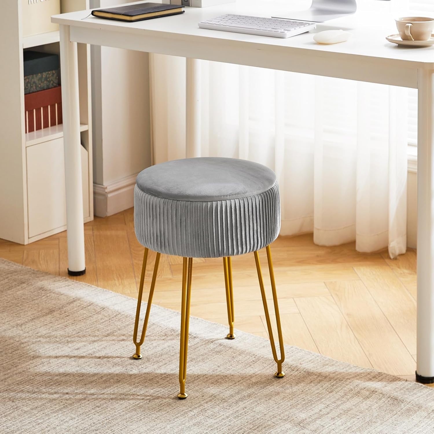 Grey Velvet Storage Footrest Ottoman – Round Vanity Stool with Gold Legs