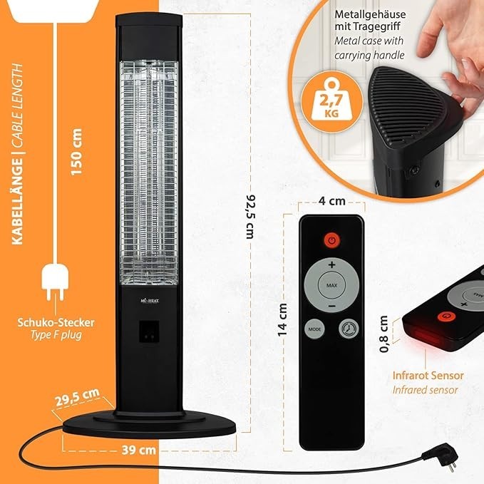Outdoor Infrared Patio Heater 2000W Remote Control 4 Heat Levels Timer Safe