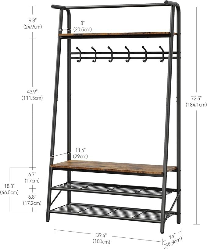 Rustic Brown 3-in-1 Coat Rack with Shoe Storage & 6 Hooks Metal Hall Tree