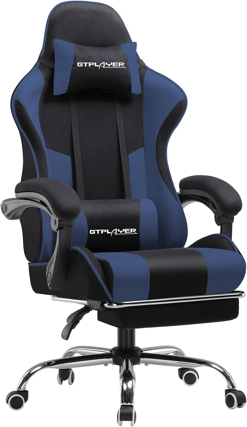 Fabric Gaming Chair Massage Ergonomic Recliner w Footrest Blue