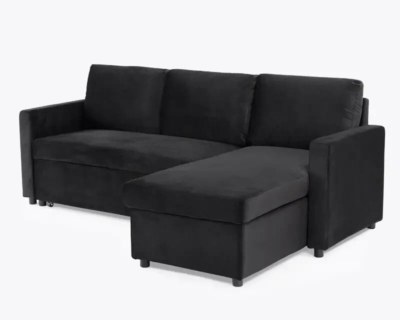 3 Seater Sofa Bed Pull-Out Reversible Chaise Black Velvet Storage Couch