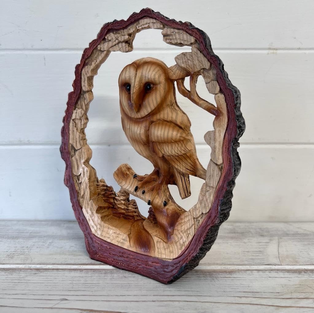 Owl Ornament on Log 17cm Rustic Resin Figurine Wildlife Home Décor Gift