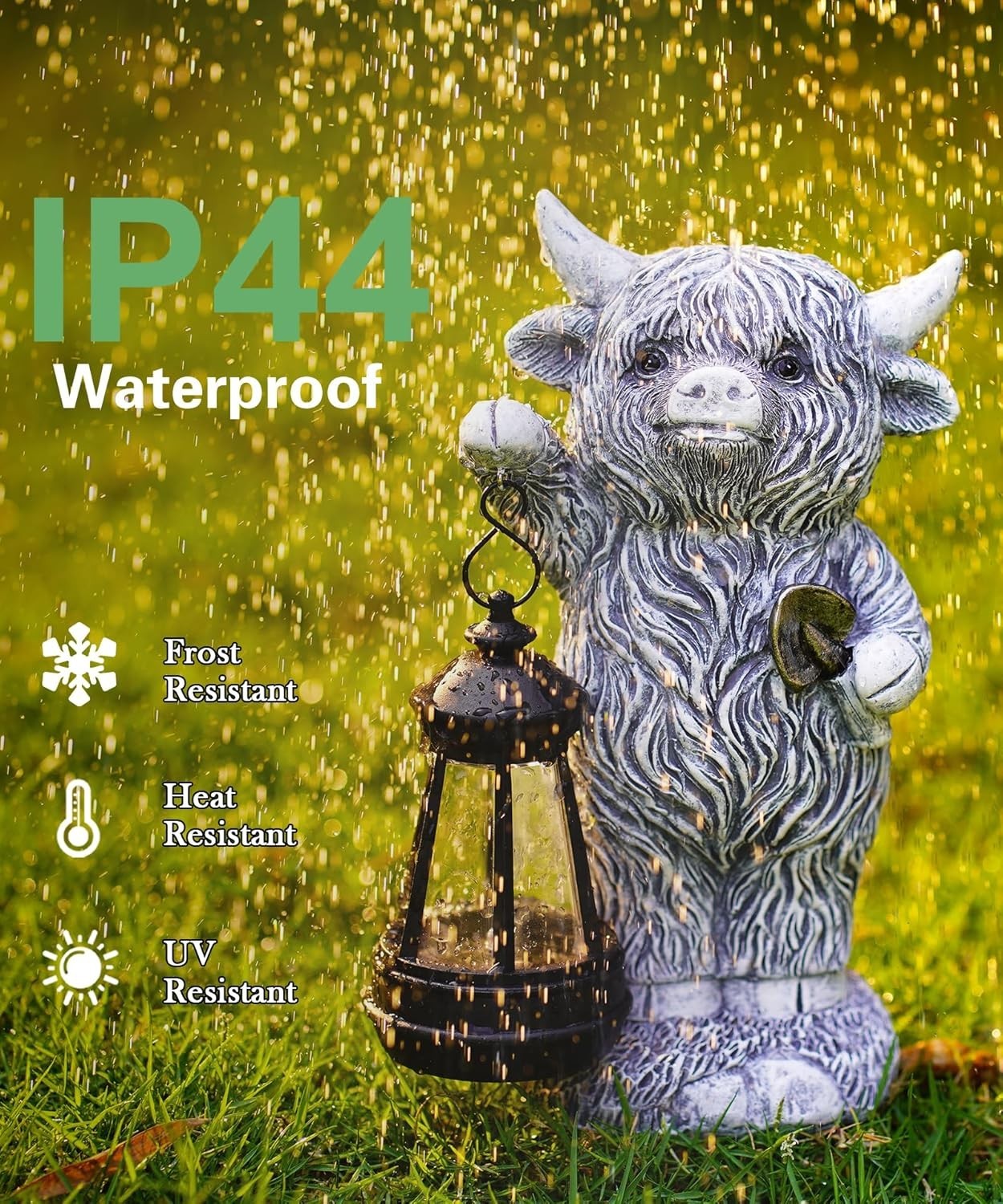 Solar Highland Cow Garden Ornament with Lantern | Outdoor Resin Statue Patio