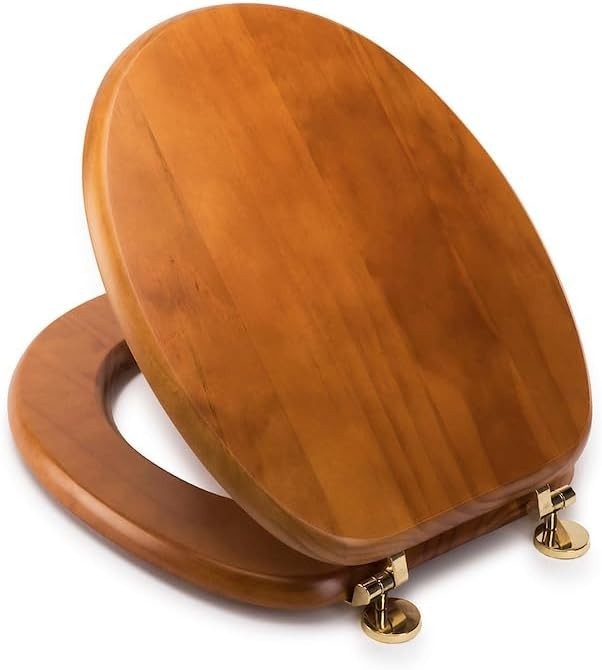 Antique Solid Pine Toilet Seat Oval Wood Adjustable Brass Hinges 48x38cm