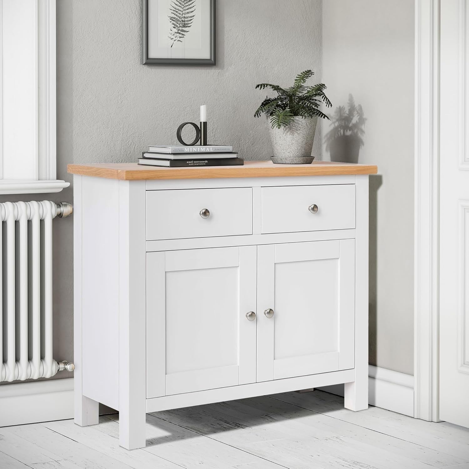 White Small Sideboard Storage Cabinet 2 Drawer 2 Door Solid Wood Durable
