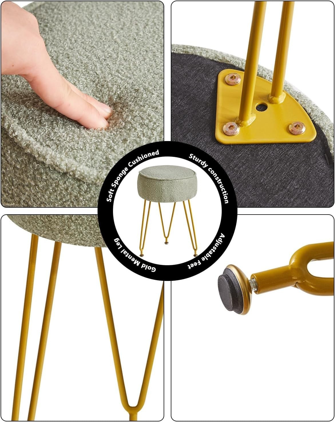 Teddy Velvet Round Footrest Ottoman – Makeup Vanity Stool with Steel Legs