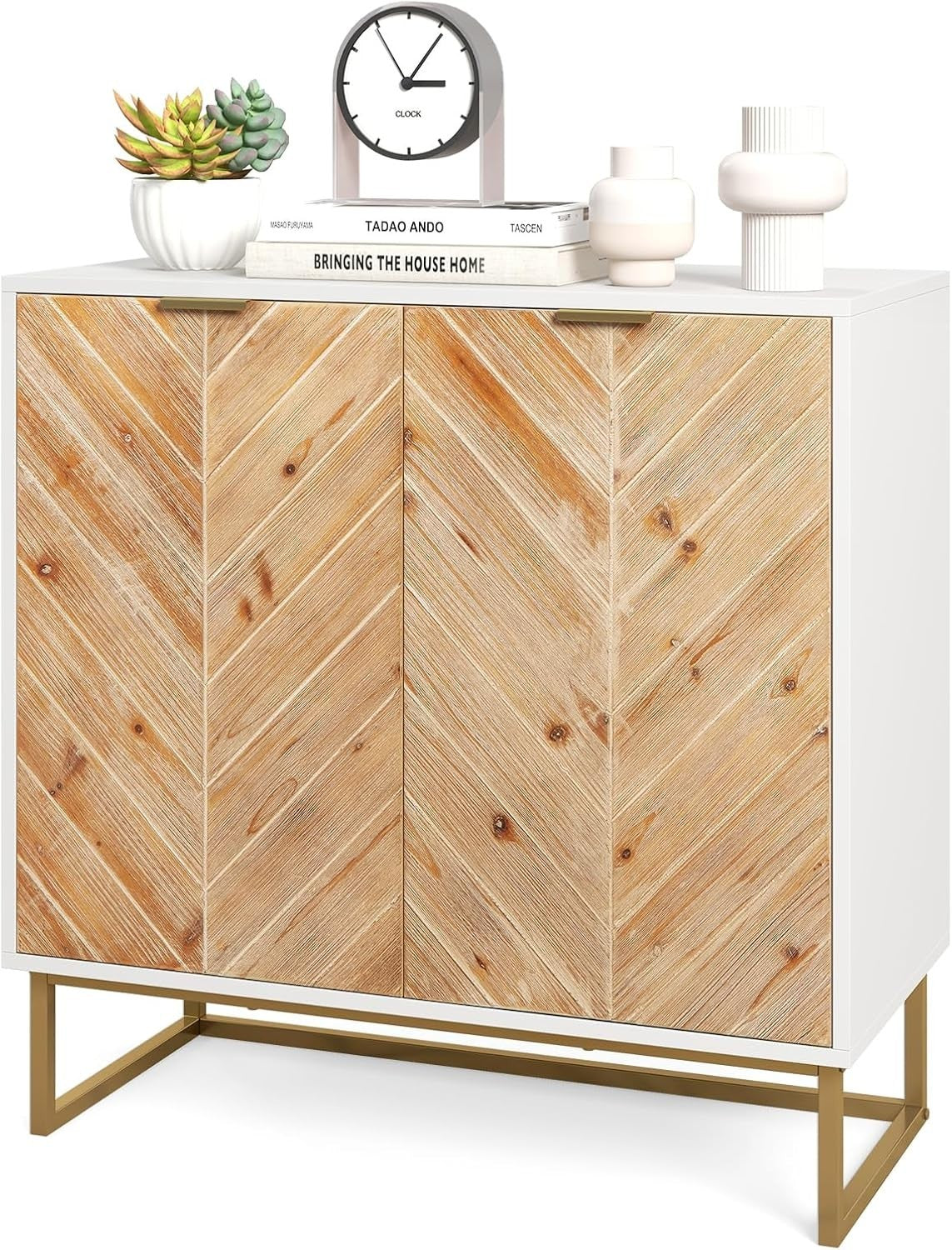 White 2 Door Sideboard Cabinet with Storage, Metal Legs, Modern Console