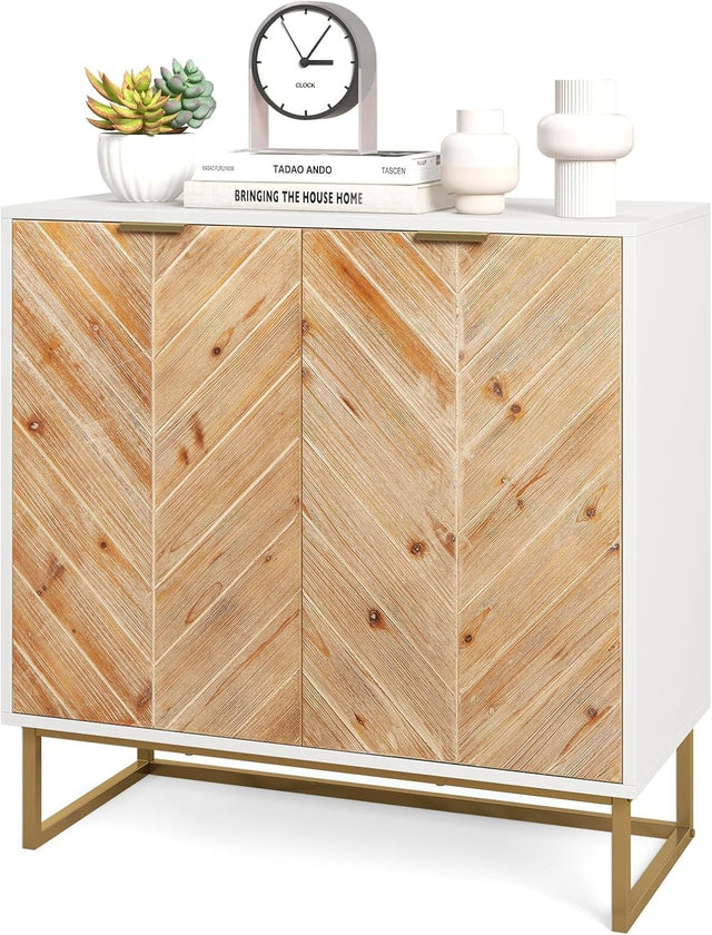 White 2 Door Sideboard Cabinet with Storage, Metal Legs, Modern Console