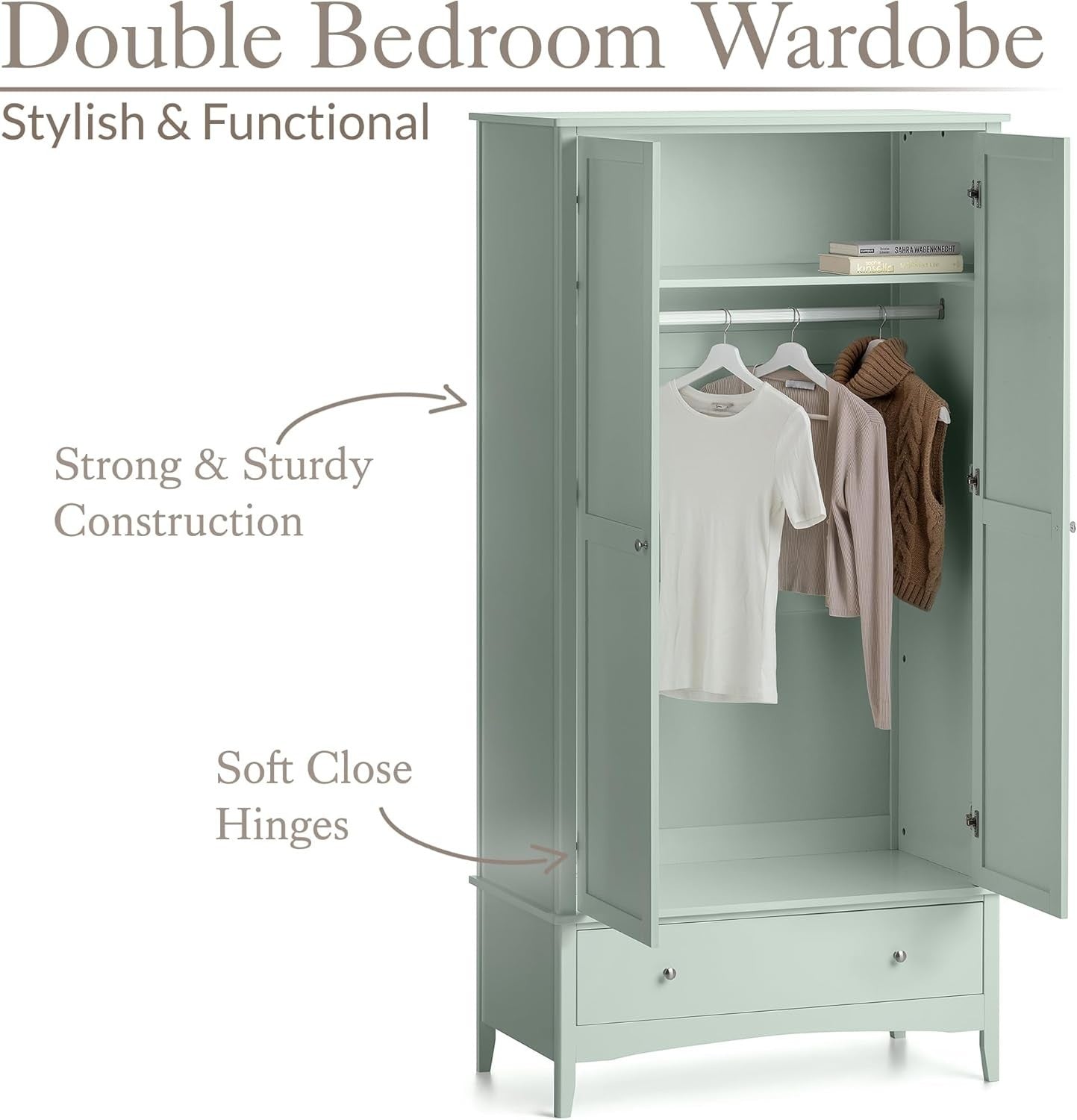 Double Wardrobe with Drawer | Soft Close Doors | Clothes Rail & Shelf Storage