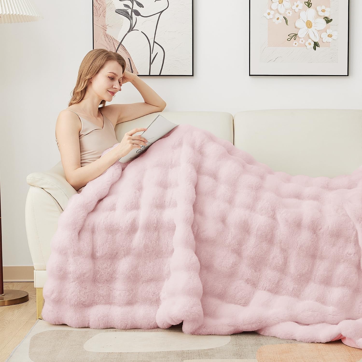 Queen Size Pink Faux Fur Blanket Plush Thick Warm Luxury Sofa Bed Throw