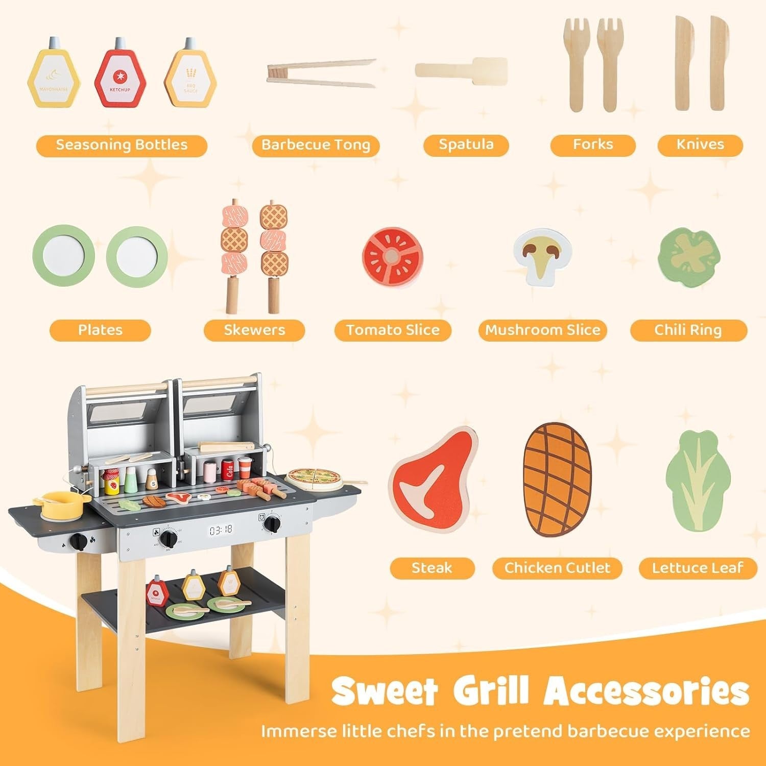 Kids Wooden BBQ Grill Playset Pretend Barbecue Toy Kitchen Set