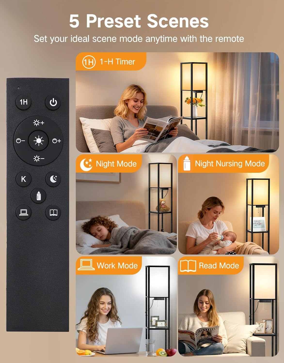 Floor Lamp with Shelves LED Dimmable Remote USB Storage Column Light Black