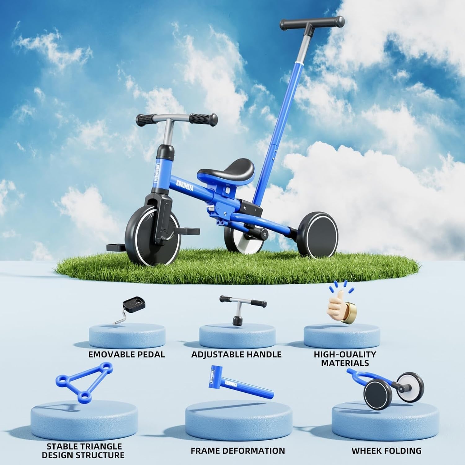 5 In 1 Toddler Tricycle Push Handle Balance Bike Adjustable Seat Blue