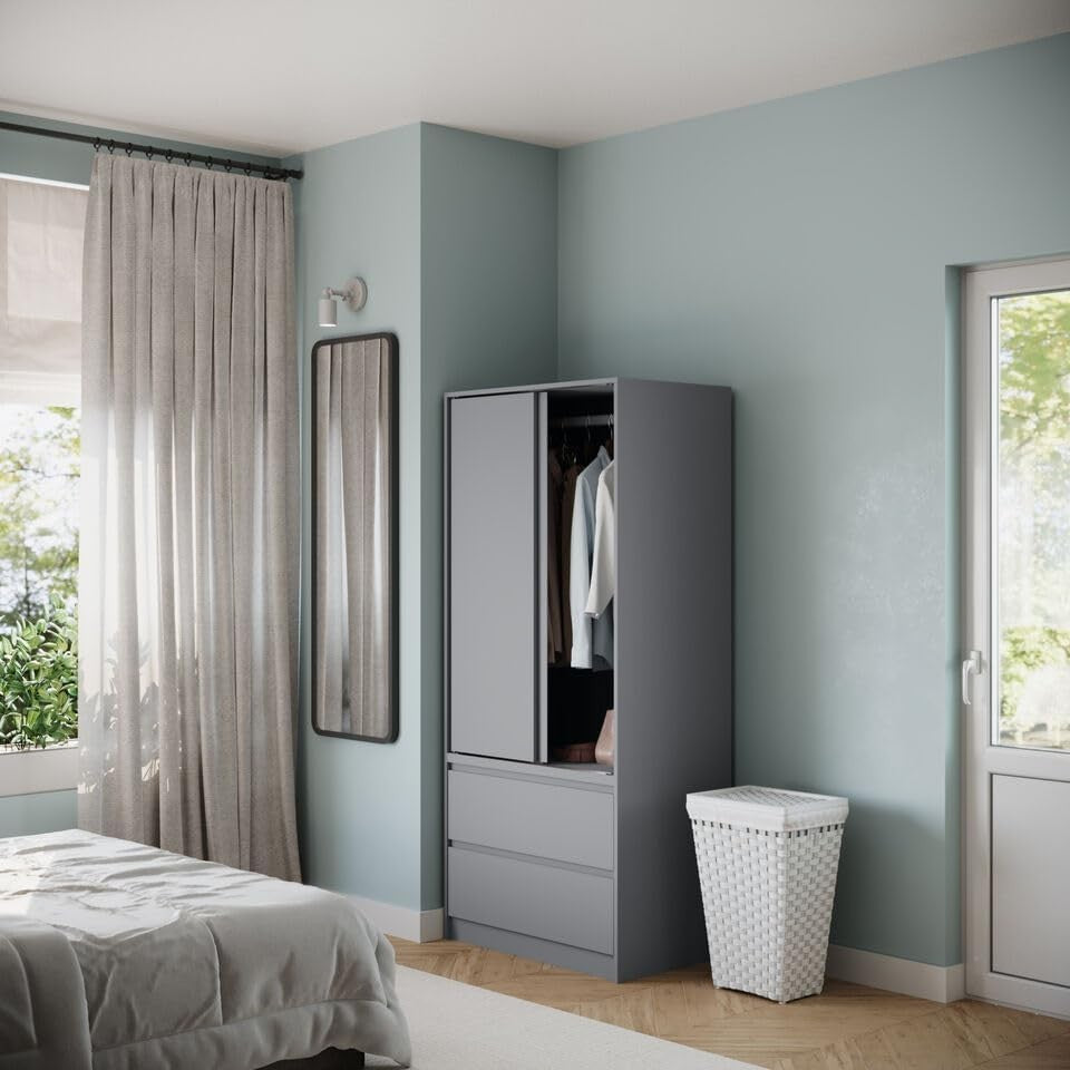 2-Door 2-Drawer Sliding Wardrobe with Adjustable Feet & Silent Doors, 180cm
