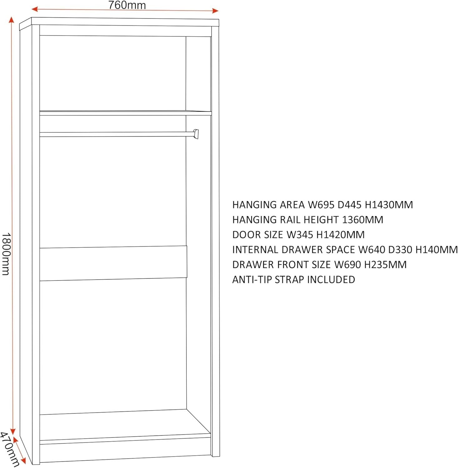 Grey Gloss 2 Door Wardrobe with Light Oak Frame – Compact Bedroom Storage