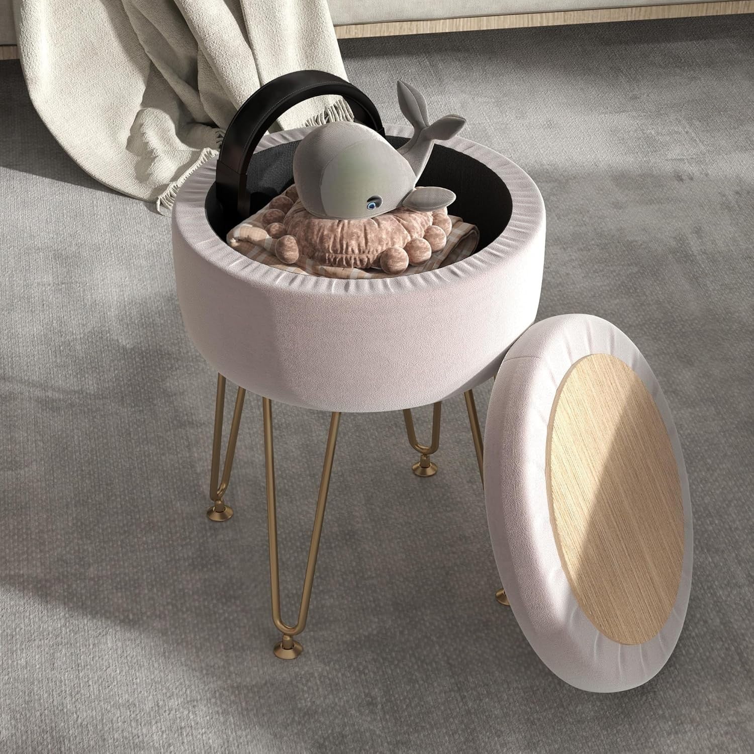 Light Pink Velvet Storage Ottoman Round Footstool Hairpin Leg Stool 33x43cm