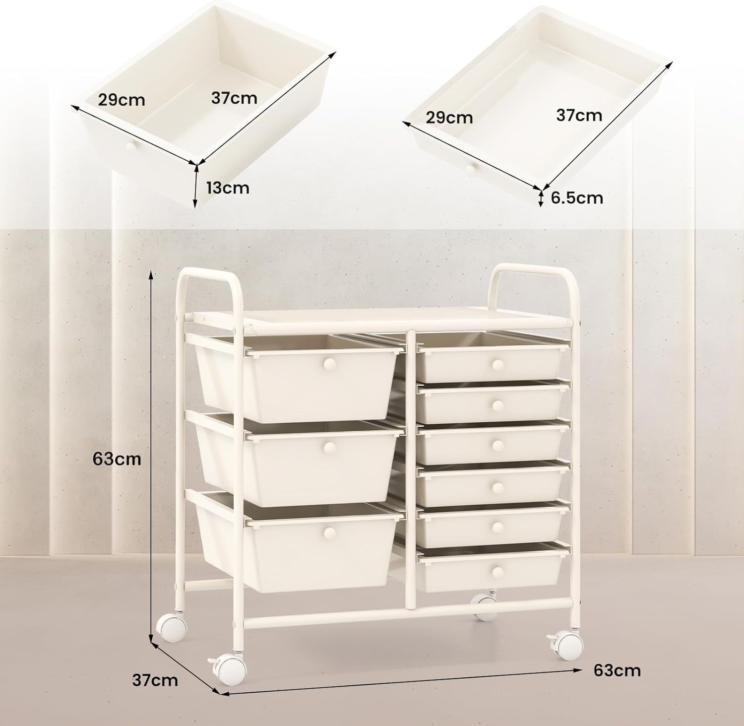 9 Drawer Rolling Storage Cart White Utility Organizer Trolley Wheels