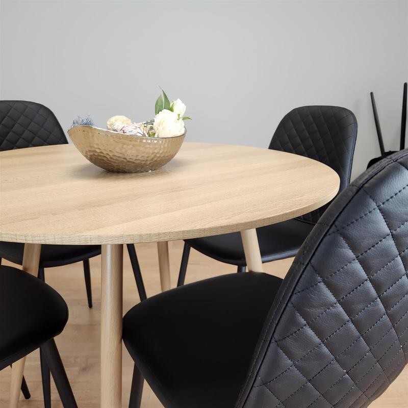 Round Oak Dining Table Set with 4 Quilted Chairs Kitchen Room Modern