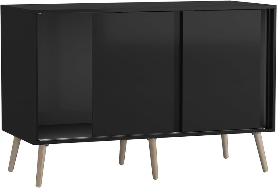 Modern Sideboard Cabinet Oak with Black Doors| Sliding Doors Storage Unit 3 Door