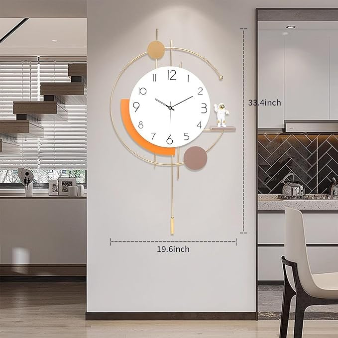 Modern Large Wall Clock 19in Silent Non-Ticking Gold Pendulum Clock Decor