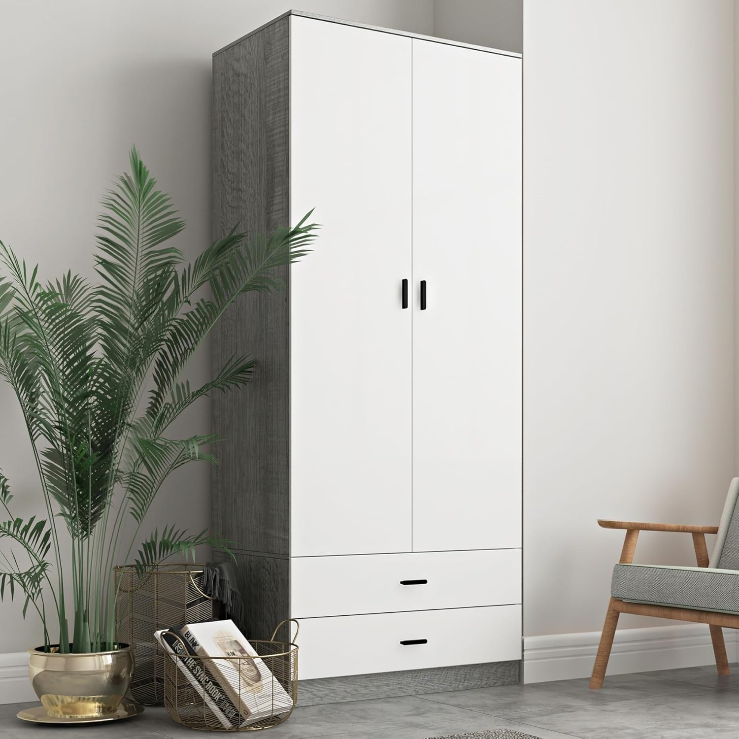 Tall 2 Door White Drawer Wardrobe Modern Clothes Storage for Bedroom Home