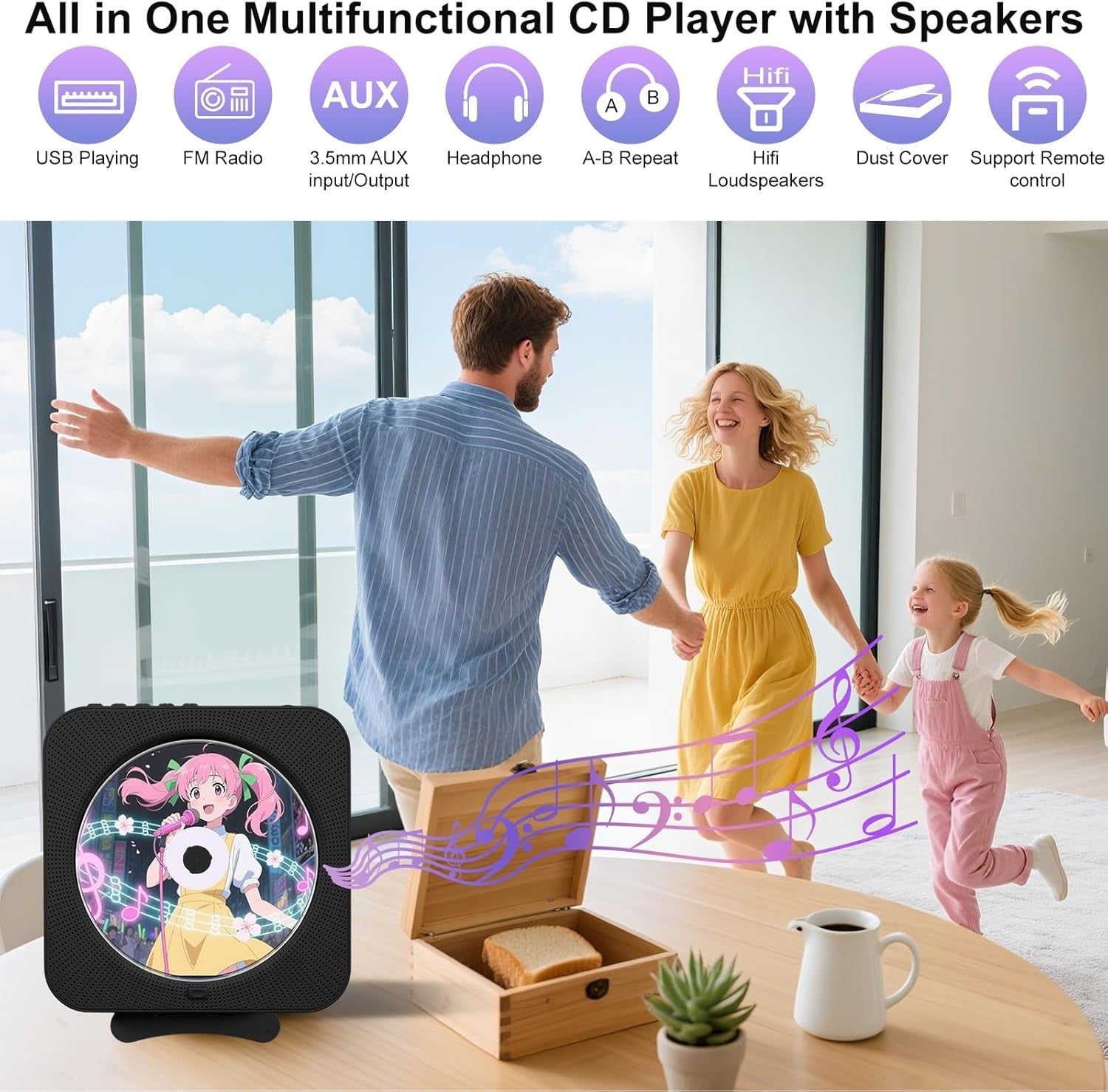 Bluetooth CD Player Boombox Wall Mount FM Radio USB AUX Remote Black