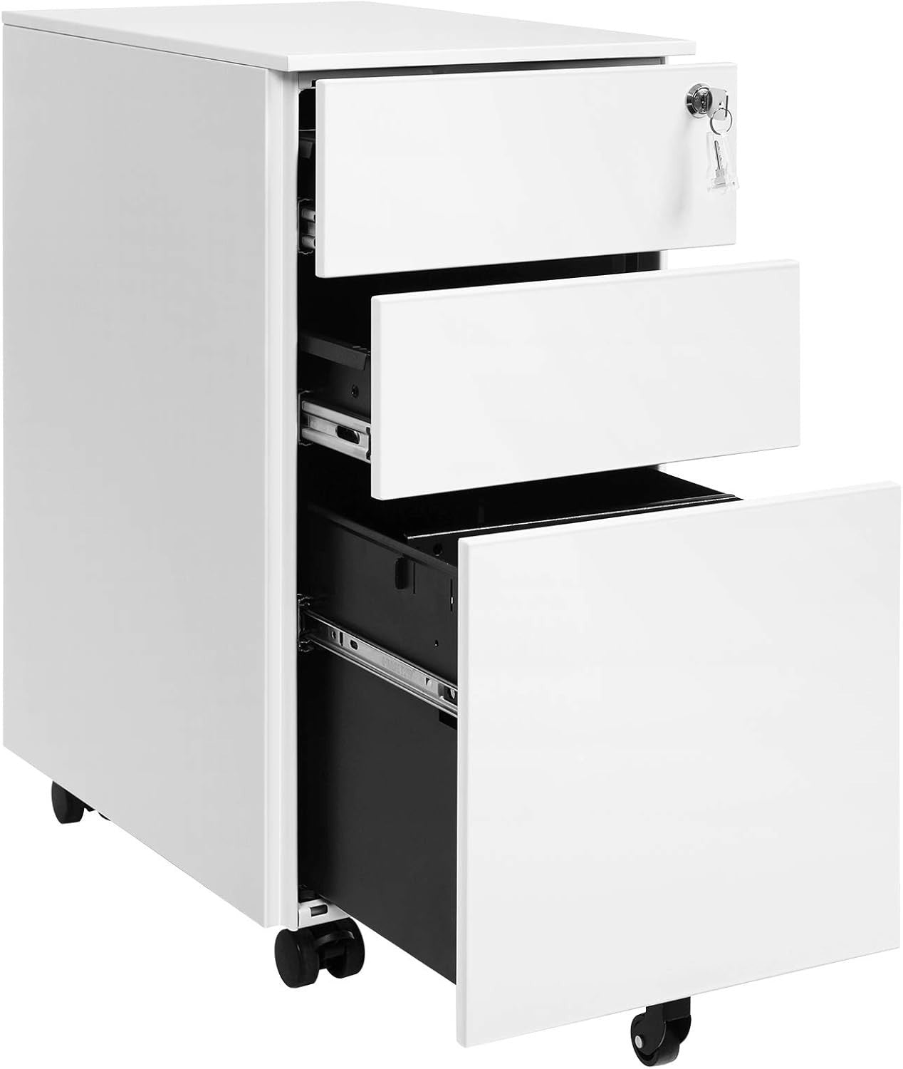 White Mobile File Cabinet 45x30x60cm Lockable Steel 3 Drawer