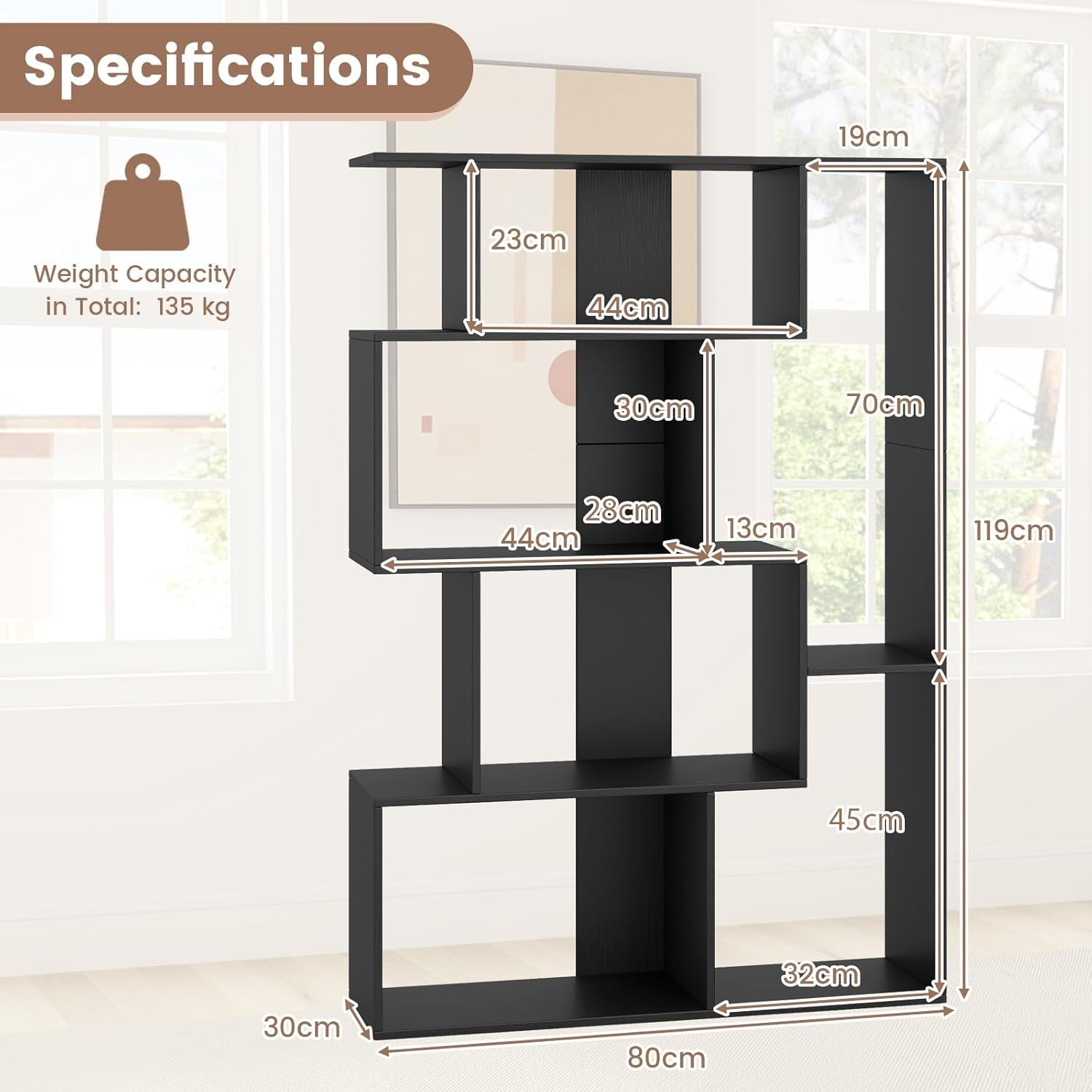 Modern 6-Cube S-Shape Bookcase Storage Unit with Anti-Tip Design for Living Room