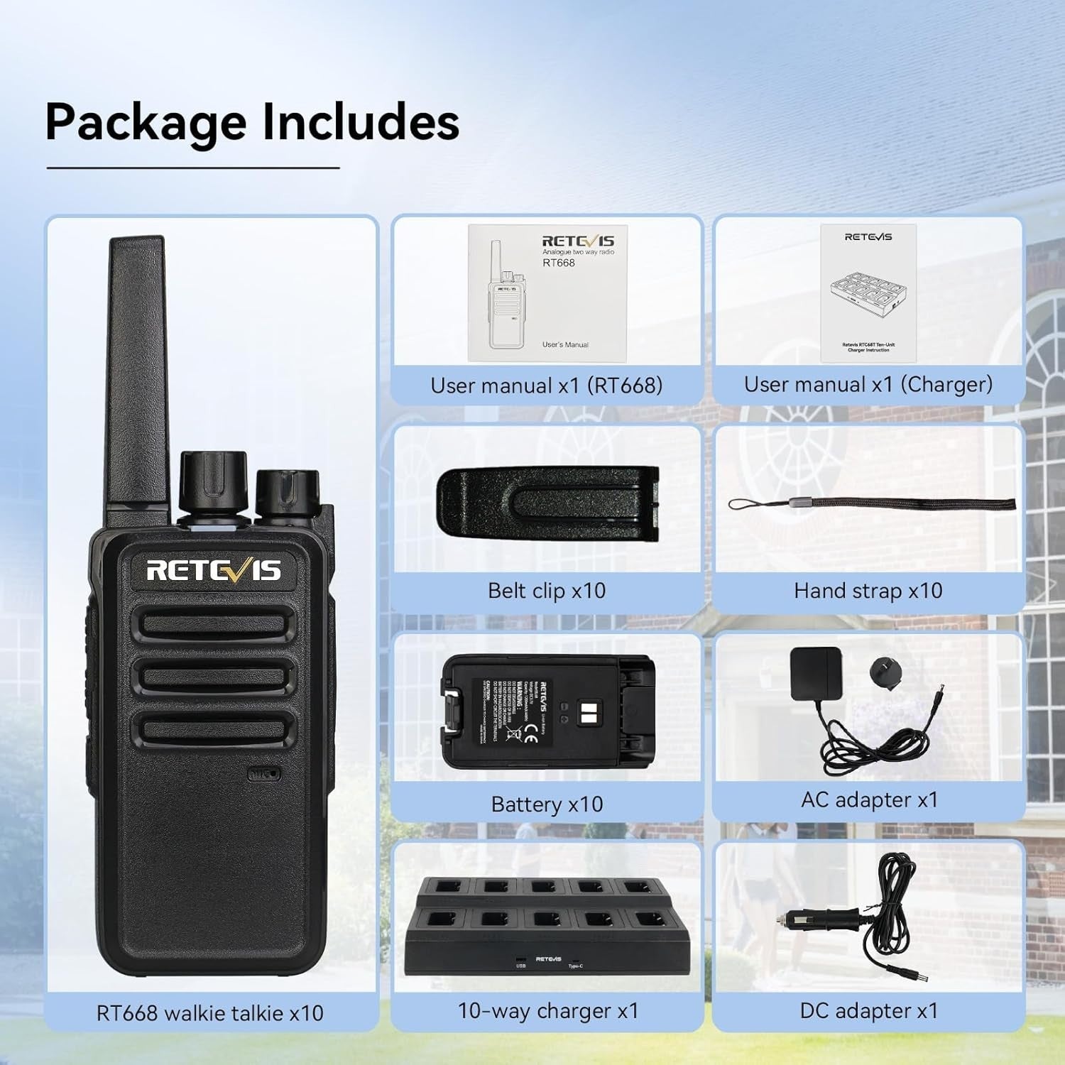Professional Walkie Talkies 10 Pack PMR446 VOX Rechargeable w/ Charger