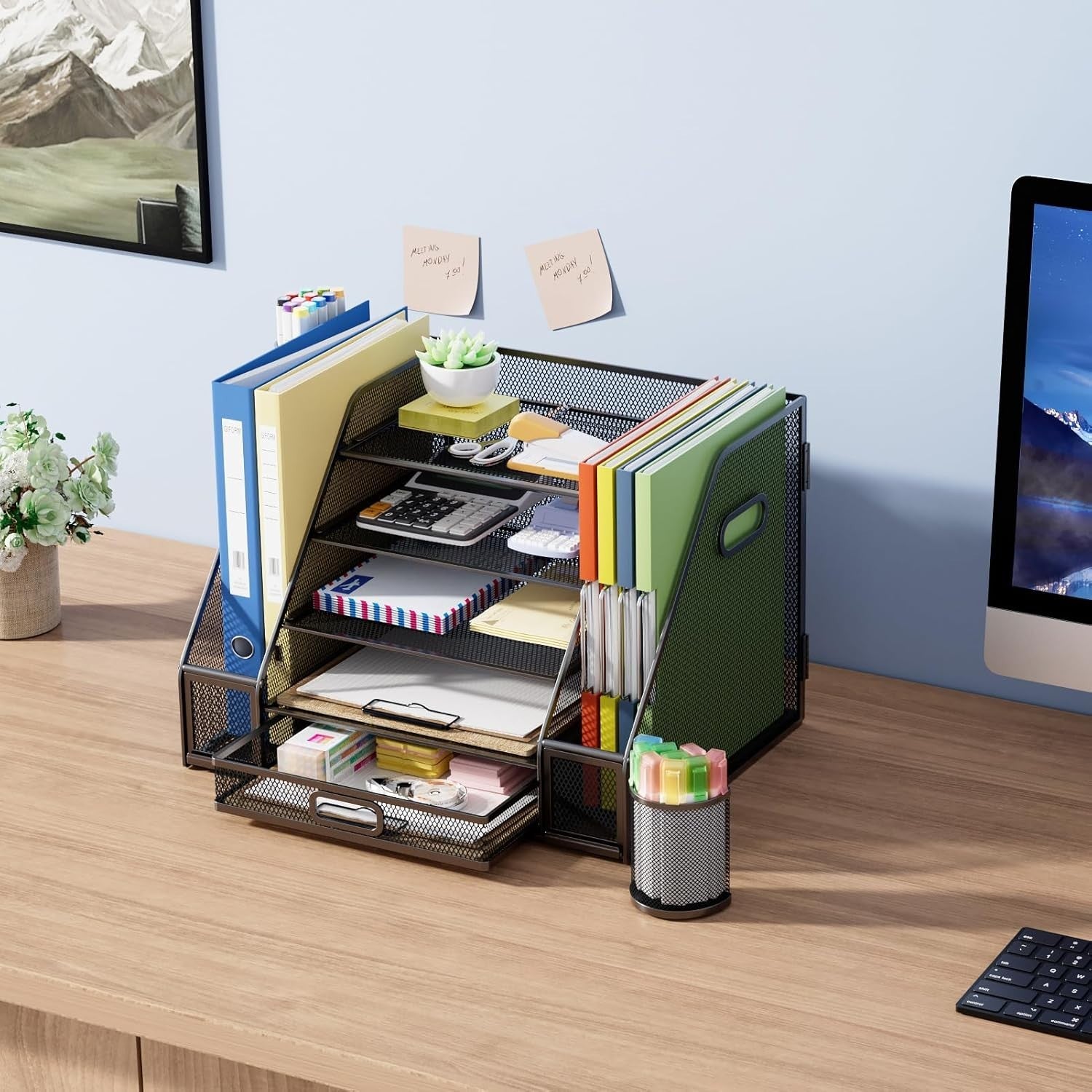 5-Tier Desk Organiser with Drawer & Pen Holders Bilateral Mesh Storage