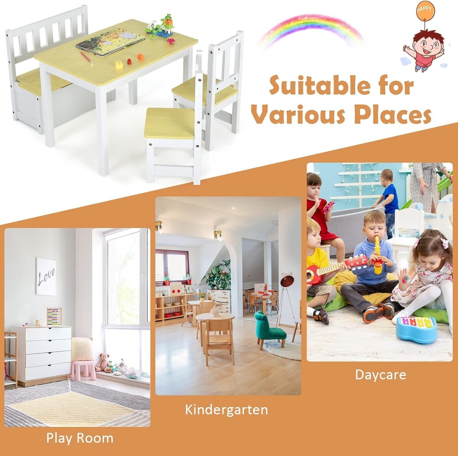 Kids Wooden Table Chair Set with Storage Bench 4pc Toddler Furniture