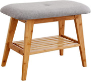 Compact Bamboo Shoe Bench with Cushion & 2-Tier Storage Rack 60cm Nature