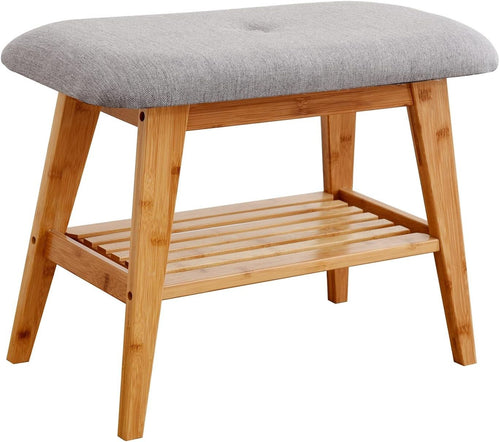 Compact Bamboo Shoe Bench with Cushion & 2-Tier Storage Rack 60cm Nature