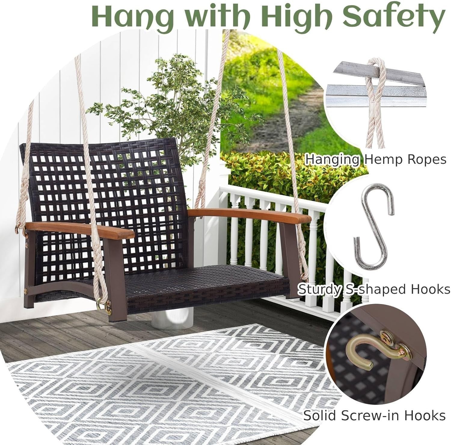 Outdoor Rattan Hanging Swing Chair with Armrests Heavy Duty Patio Seat