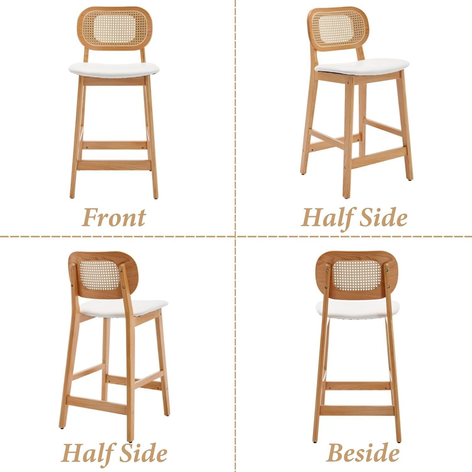 White Rattan Bar Stools Set of 2 Counter Height Wooden Kitchen Island Chairs